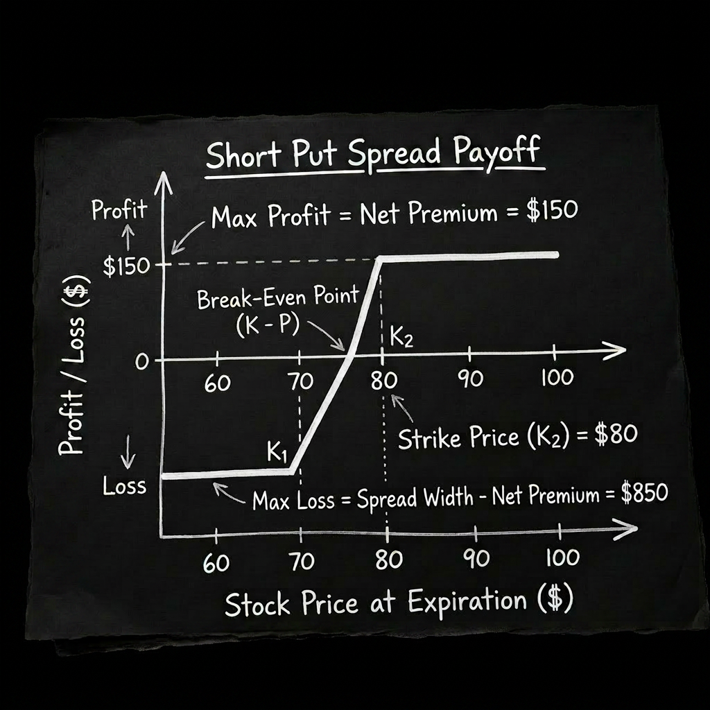 Short put option payoff graph showing profit, loss, strike price, break-even point, and maximum profit and loss.