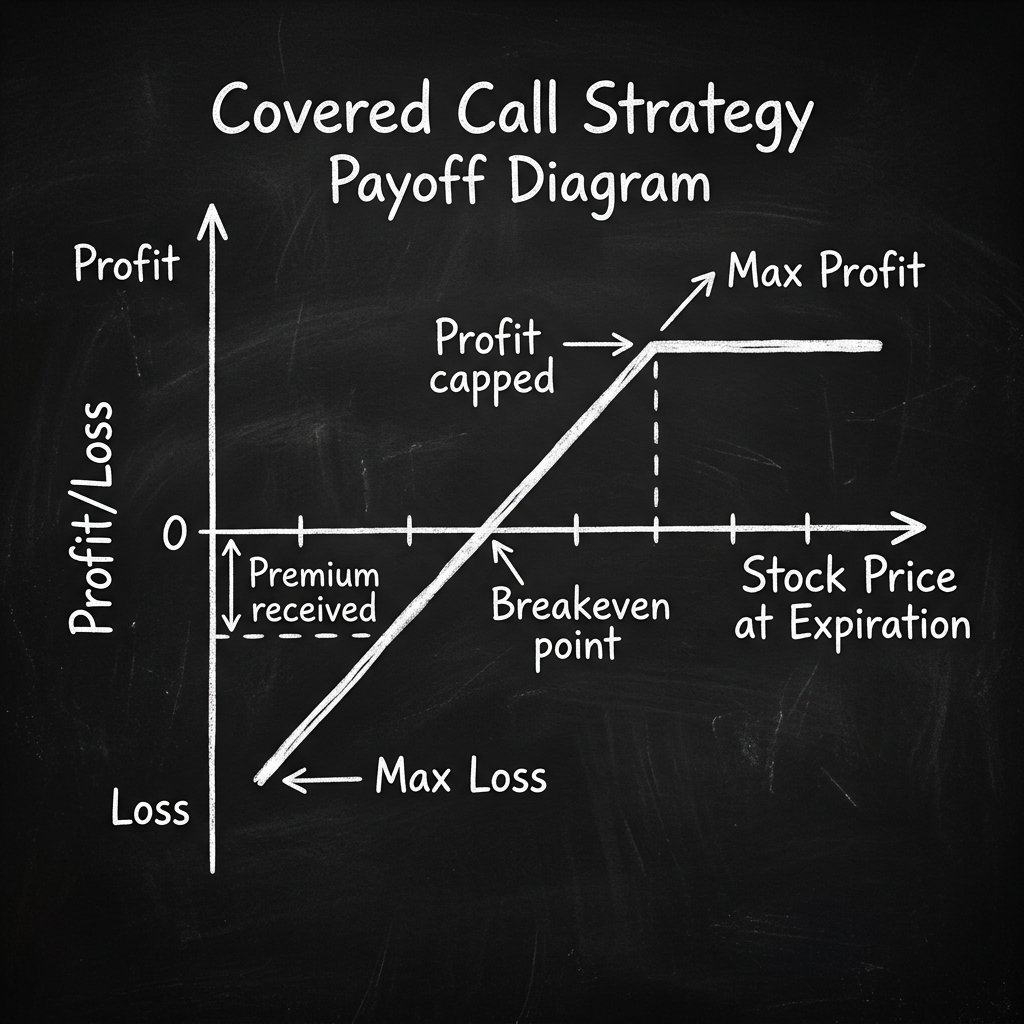 Covered call strategy payoff diagram showing profit/loss relative to stock price at expiration