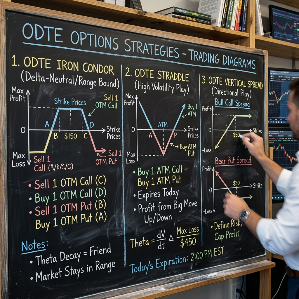 0DTE options strategies chalkboard diagrams